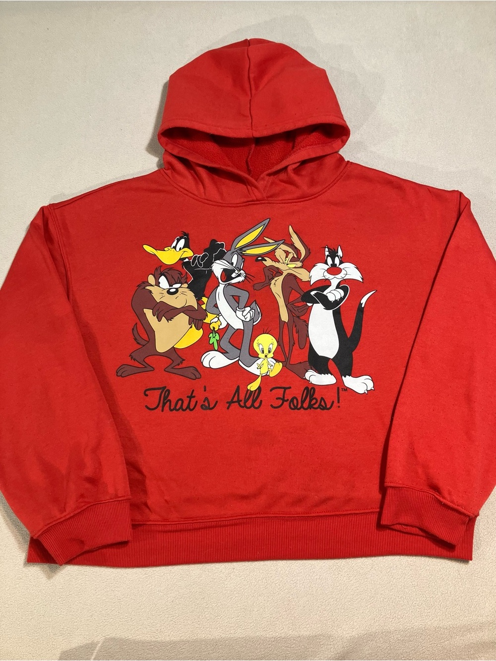 Looney Tunes Cropped Hoodie Red Jerry Leigh Graphic Sweatshirt Size L/G